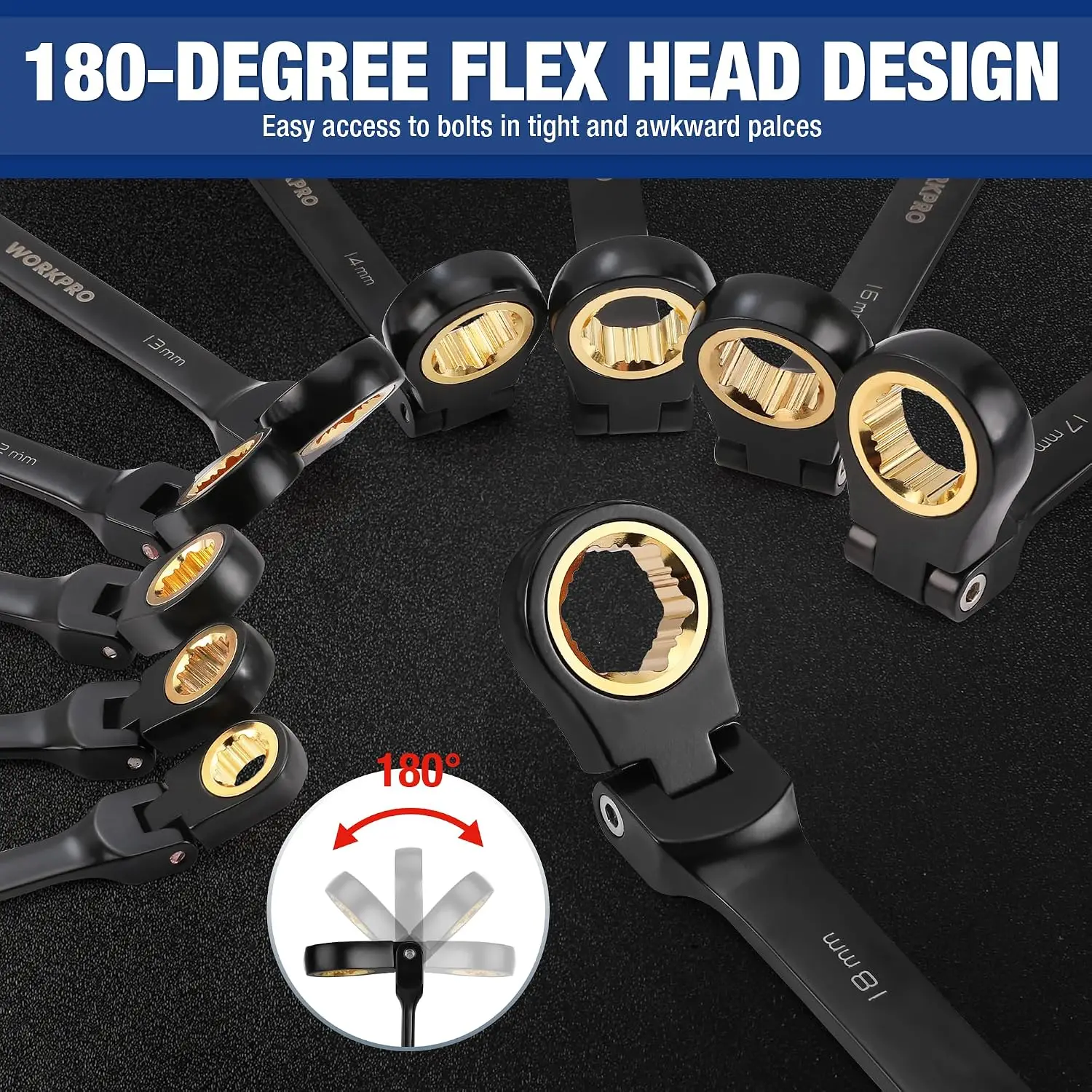 22-Piece Ratcheting Wrench Set with 180° Flex Head, Anti-Slip Tooth, Metric & SAE 6-18mm & 1/4-3/4