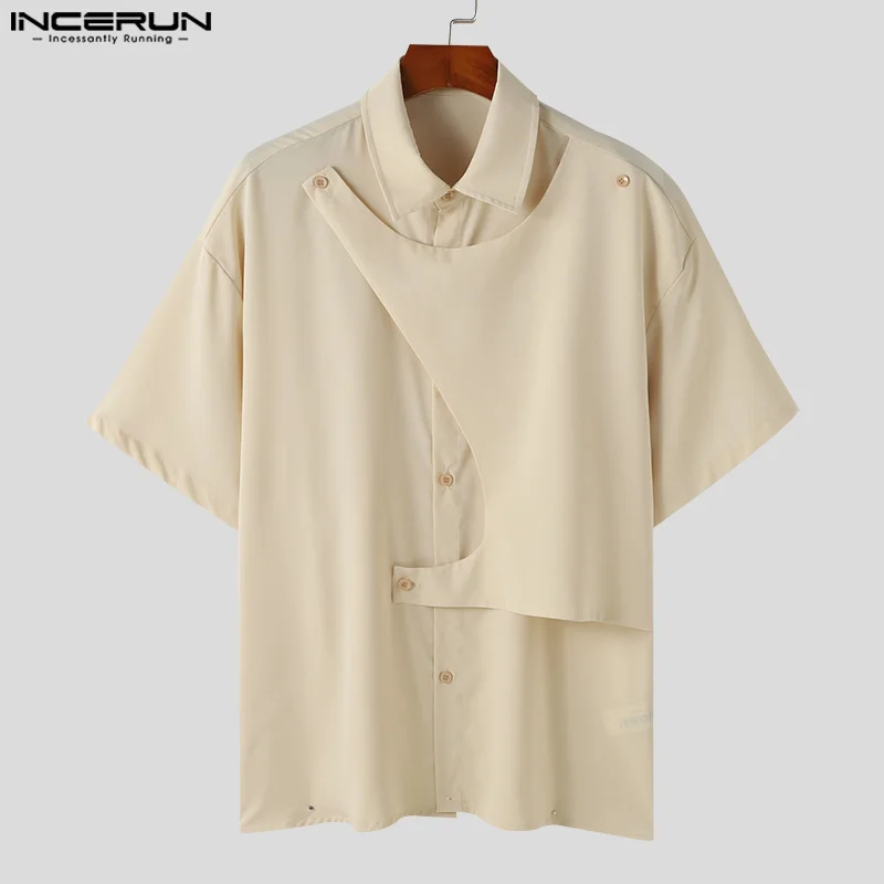 INCERUN Men Irregular Shirts Solid Color Lapel Short Sleeve 2024 Casual Men Clothing Streetwear Summer Fashion Male Shirts S-3XL