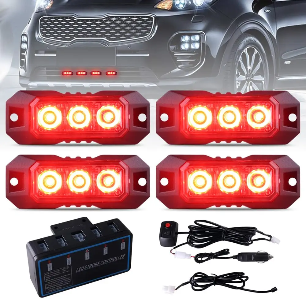 

4PCS 4-LED Car Emergency Grille Strobe Lights For Trucks Construction headlight Lamp Flashing Amber Beacon Warning Lights 12-24V