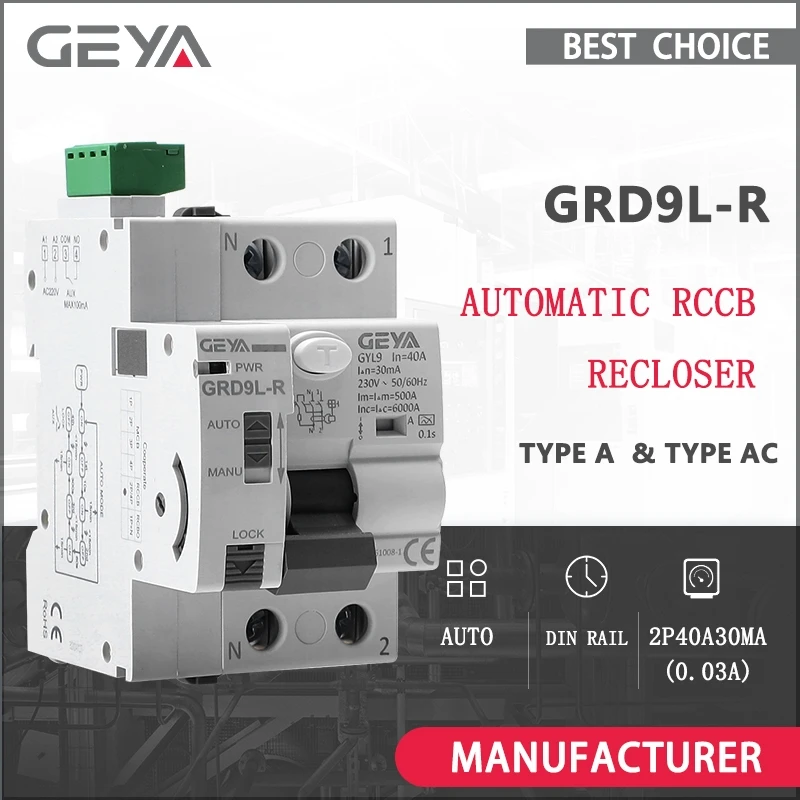 GRD9L-R 2P 40A 30mA RCCB Automatic Self-Reclosing Device Circuit Breaker RCD Smart Breaker AC & A Type