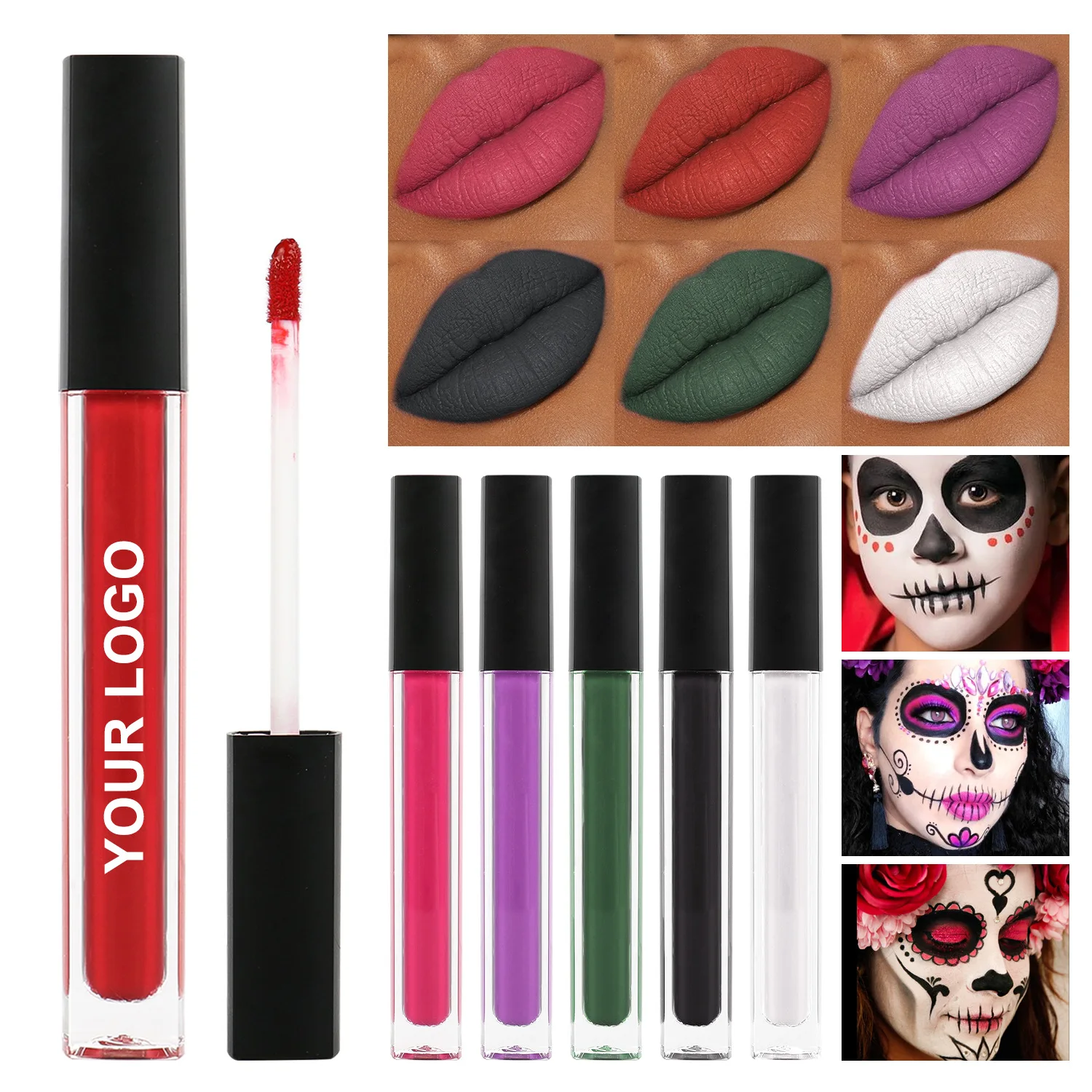 Private Label Matte Zwarte Witte Lippenstift Blijvende Pigment Groene Paarse Waterdichte Lippenstift Kerst Halloween Feest Lip Make-Up