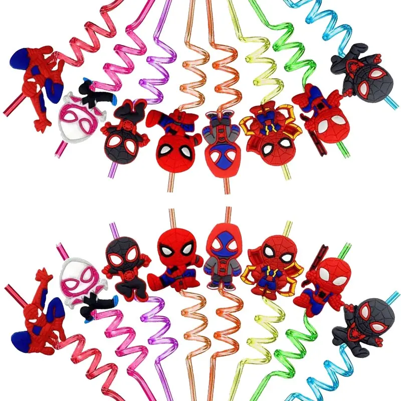 8pcs Spiderman Straws For Kids Cartoon Spiderman Theme Reusable Drinking Straws Birthday Decoration Party Supplies Baby Shower