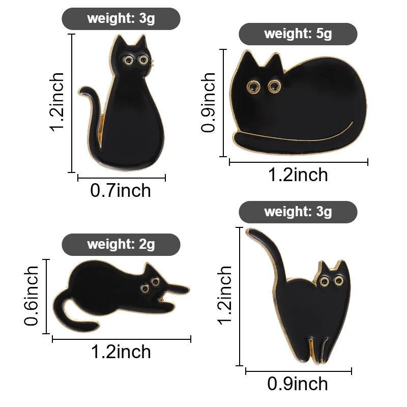 Pin de esmalte de gato negro minimalista de dibujos animados, lindo y divertido, con cuatro posiciones diferentes (sentado, acostado y girando), broche, insignia para bolso y solapa, joyería