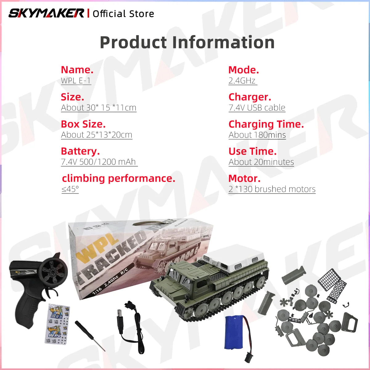 WPL E-1 1/16 2.4G RC戦車おもちゃ 4WDスーパクローラー装軌式リモートコントロール 1:16オフロード車両 電動 キッズRCおもちゃ 男の子向け
