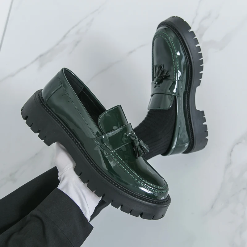 Fashionable Men Loafers Black Green Men Thick-soled Wear-resistant Patent Leather Glossy Business Shoes Social Shoes Sizes 38-46
