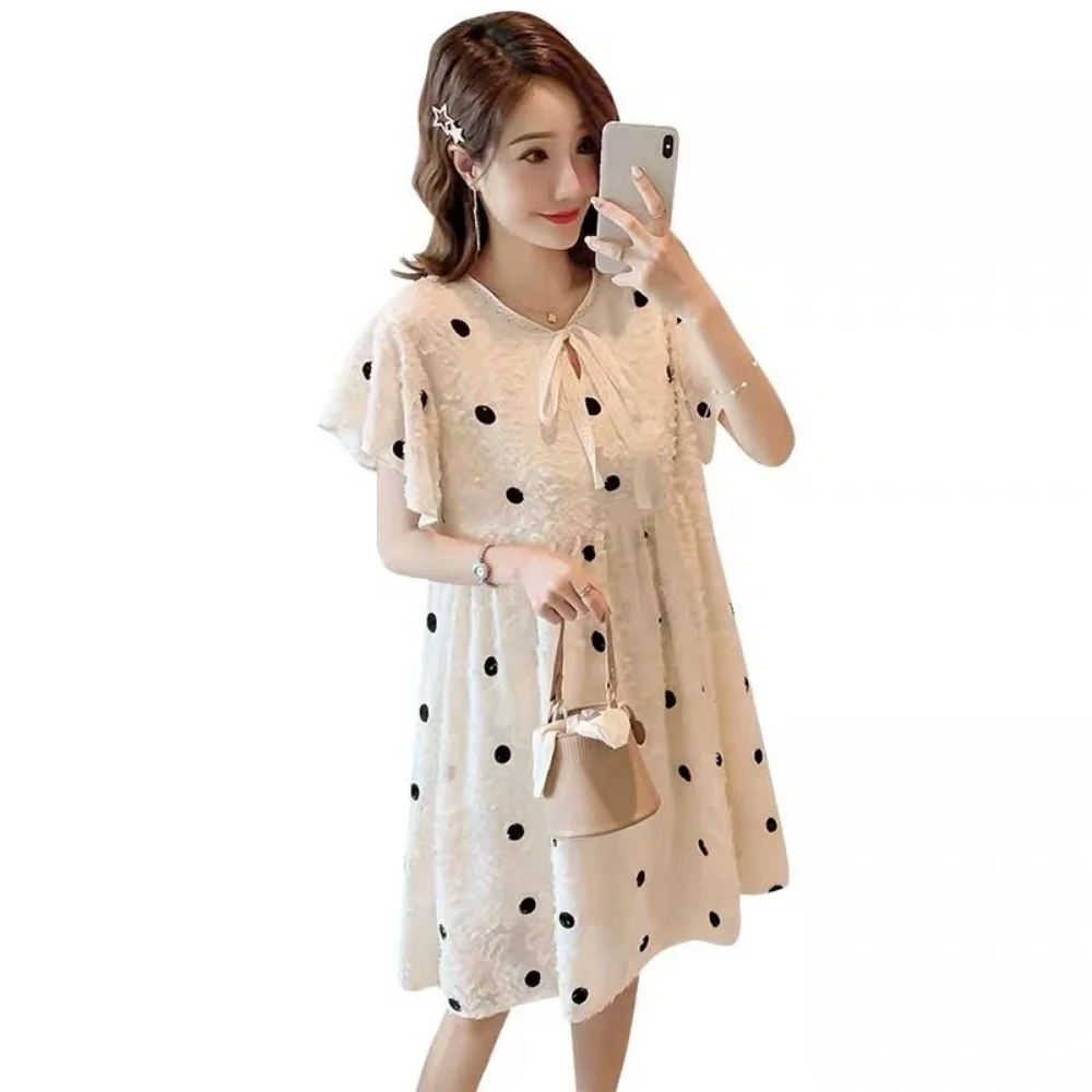 maternity dress New Polka Dot Print Dress Matching Short Sleeve A-Line Dress With Sash Clothes pregnancy photoshoot dress