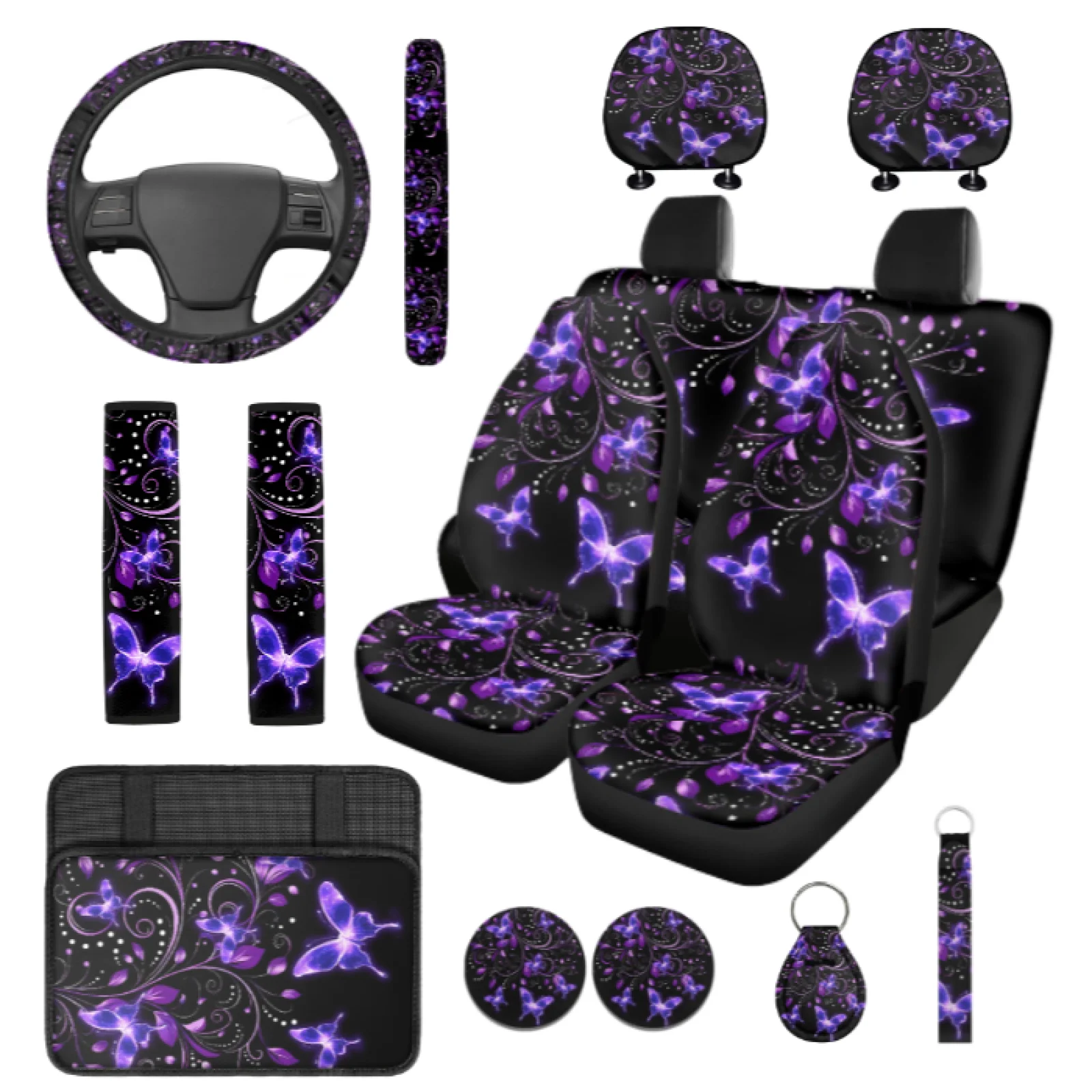Coloranimal Glowing Butterfly 14 Packs Car Seat Covers Sets with Elastic Auto Center Console Pad and Key Fob for Hunting