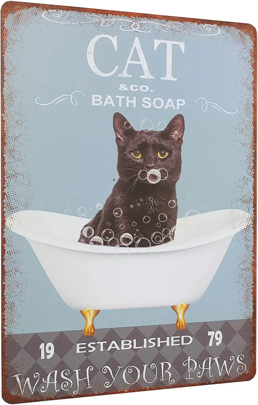 SONNE GARTEN Black Cat Bathroom Sign Vintage Metal Tin Signs Bath Soap Wash your Paws Decorations Funny D