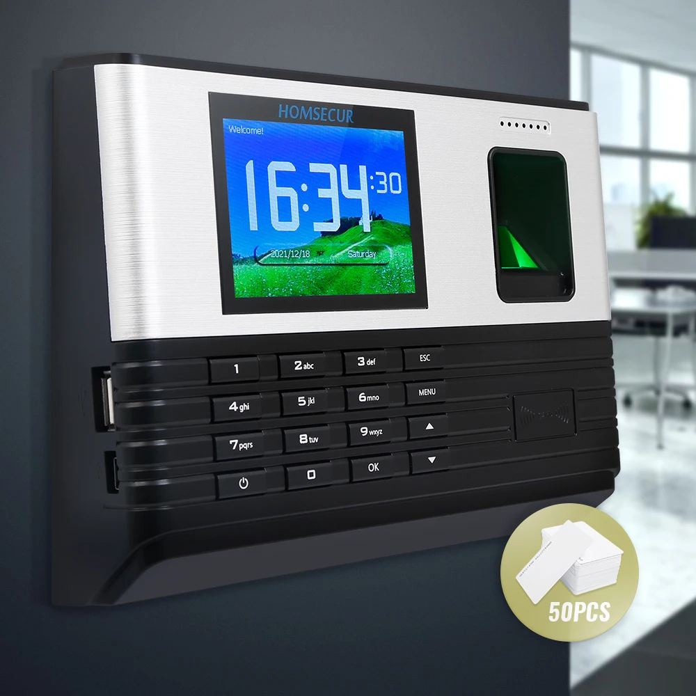 HOMSECUR Time Attendance With Fingerprint 50 RFID Cards Free Software +WiFi+DST