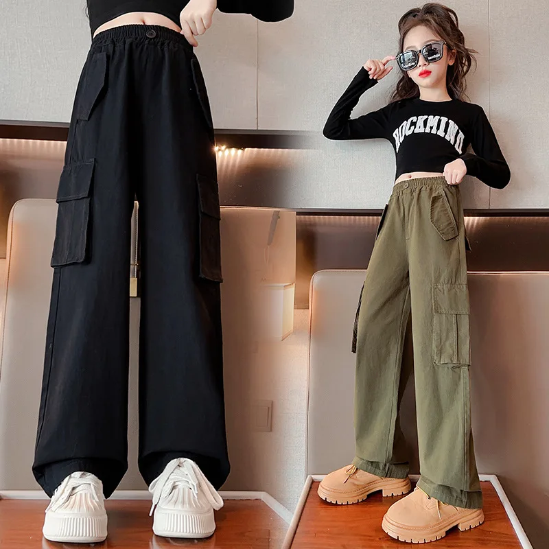 Teenage Girls Cargo Pants Loose Casual Fashion Children Trousers Pockets Design Trendy Cool Streetwear Kids Pants 6 -14 Year