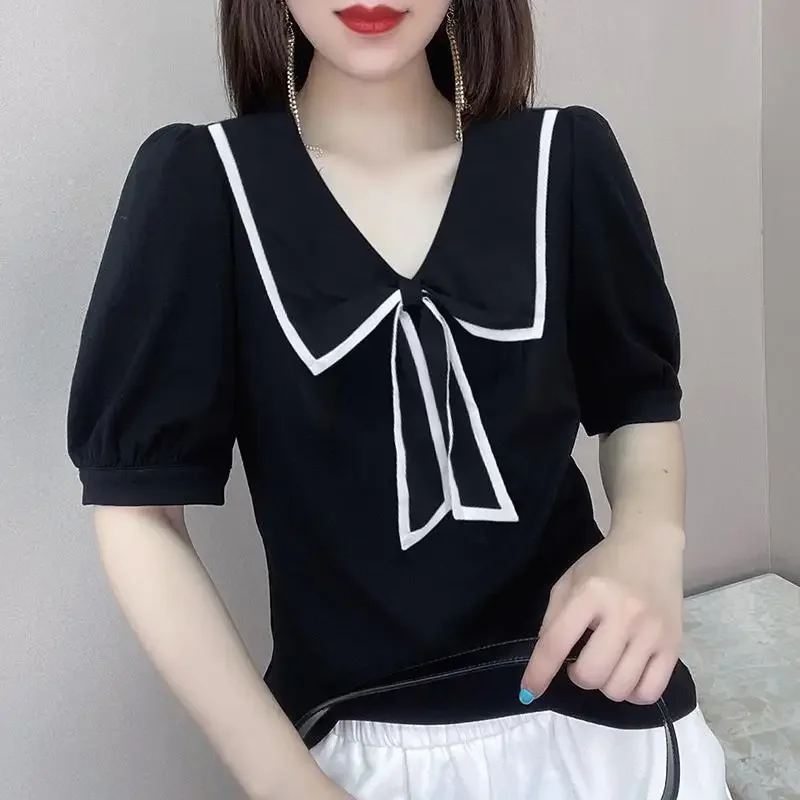 

Simple Tied V-neck Black Slim Puff Sleeves Slimming and Fashionable T-shirt for Women XQ777