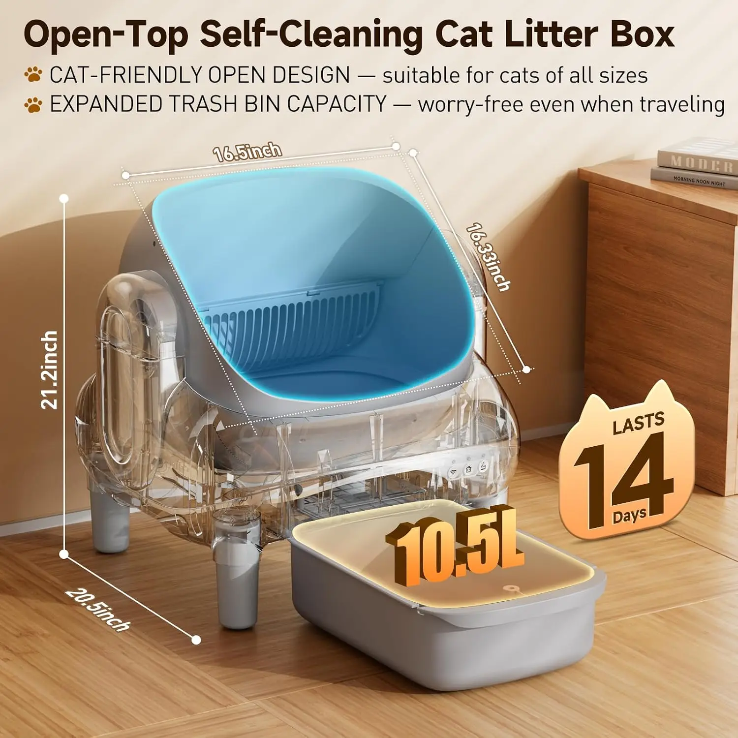 Automatic Cat Litter Box, Open-Top, App Control, 40 Waste Bags | Dual Safety Sensors Protect Cats 2.4G Smart APP & Quiet Motor A