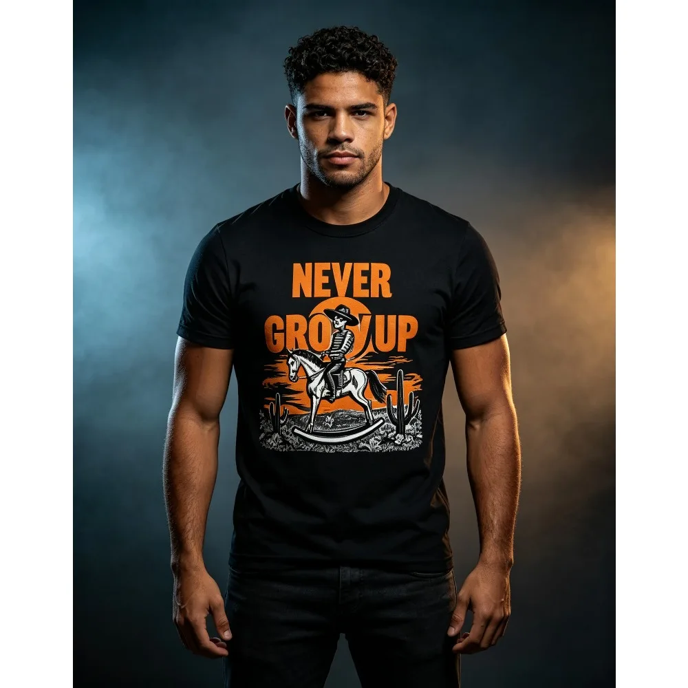 2026 New Men Western Cowboy Graphic T-shirt, Never Grow Up Slogan Rocking Horse Rider Print Crew Neck Short Sleeve Top,