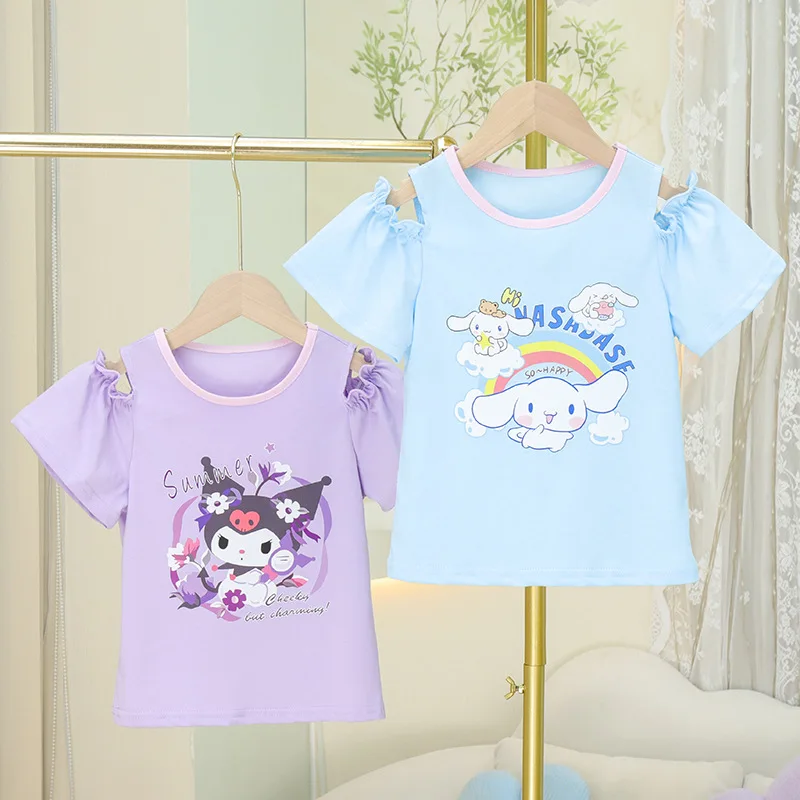 

New Cinnamoroll Girls T-Shirts Sanrio Kawaii Anime Kuromi Short-Sleeved Girl Heart Summer Sweet Cute Babys Tops Gift for Kids