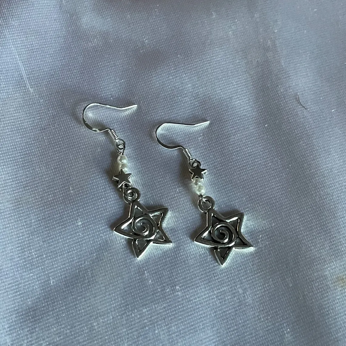 Faux Pearl Whimsy Goth Swirly Star Asymmetrical Earrings Silver Color Pair of Celestial  Witch Celestial Gift Friend Women Boho