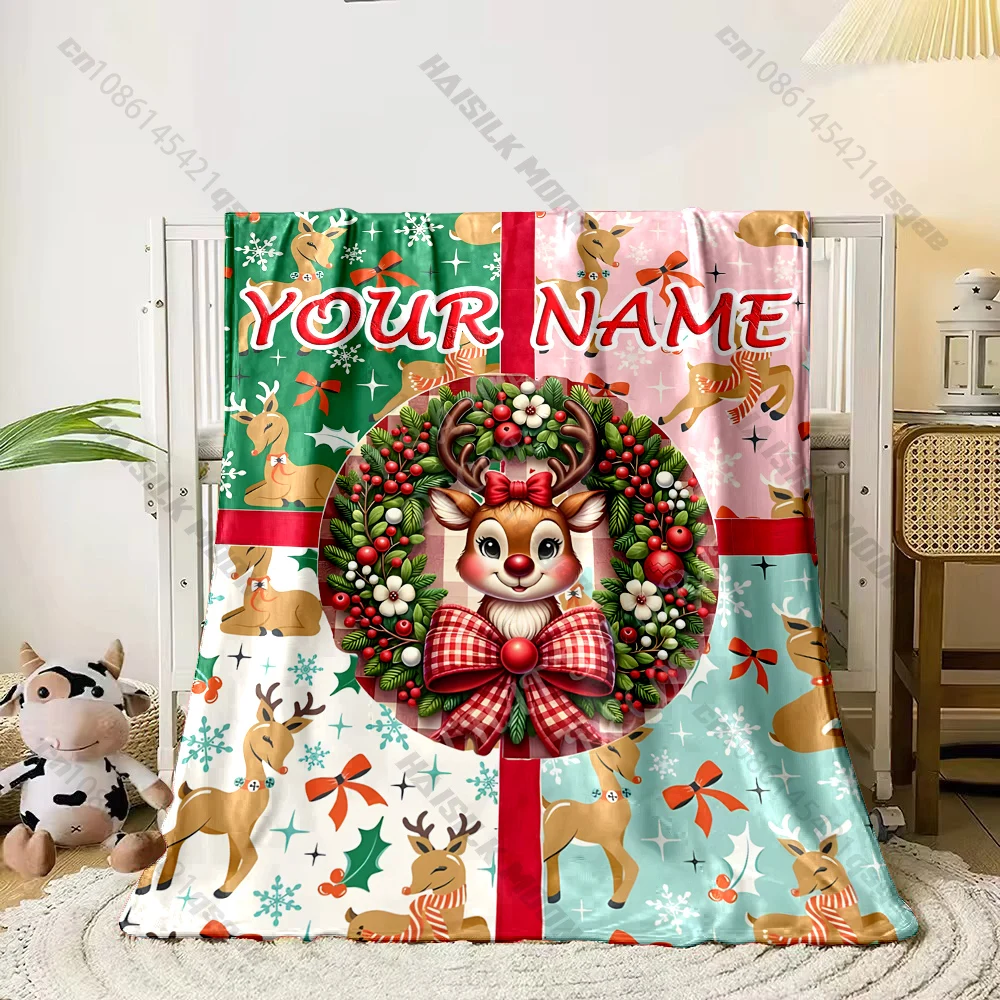 Personalized Custom Name Christmas Blanket, Cute Rudolph Red Nose Reindeer Wreath Print Winter Sofa Bed Blanket,Christmas Gift