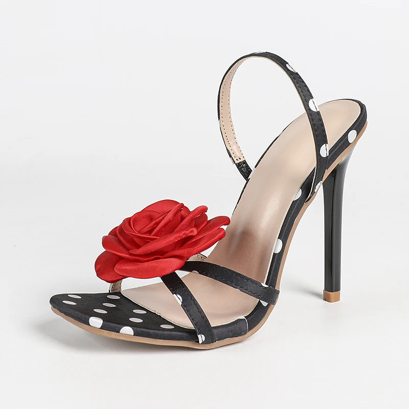 

11cm Stiletto Heels Sandals Woman White Polka Dots Dress Shoes Summer Red 3D Flowers High Heels Ladies Sandals Big Size 42