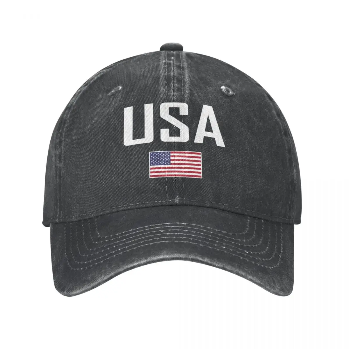 Men Baseball Cap United States USA Flag And Font Charcoal Washed Denim Classic Vintage Cotton Dad Trucker Hat Unisex Adult