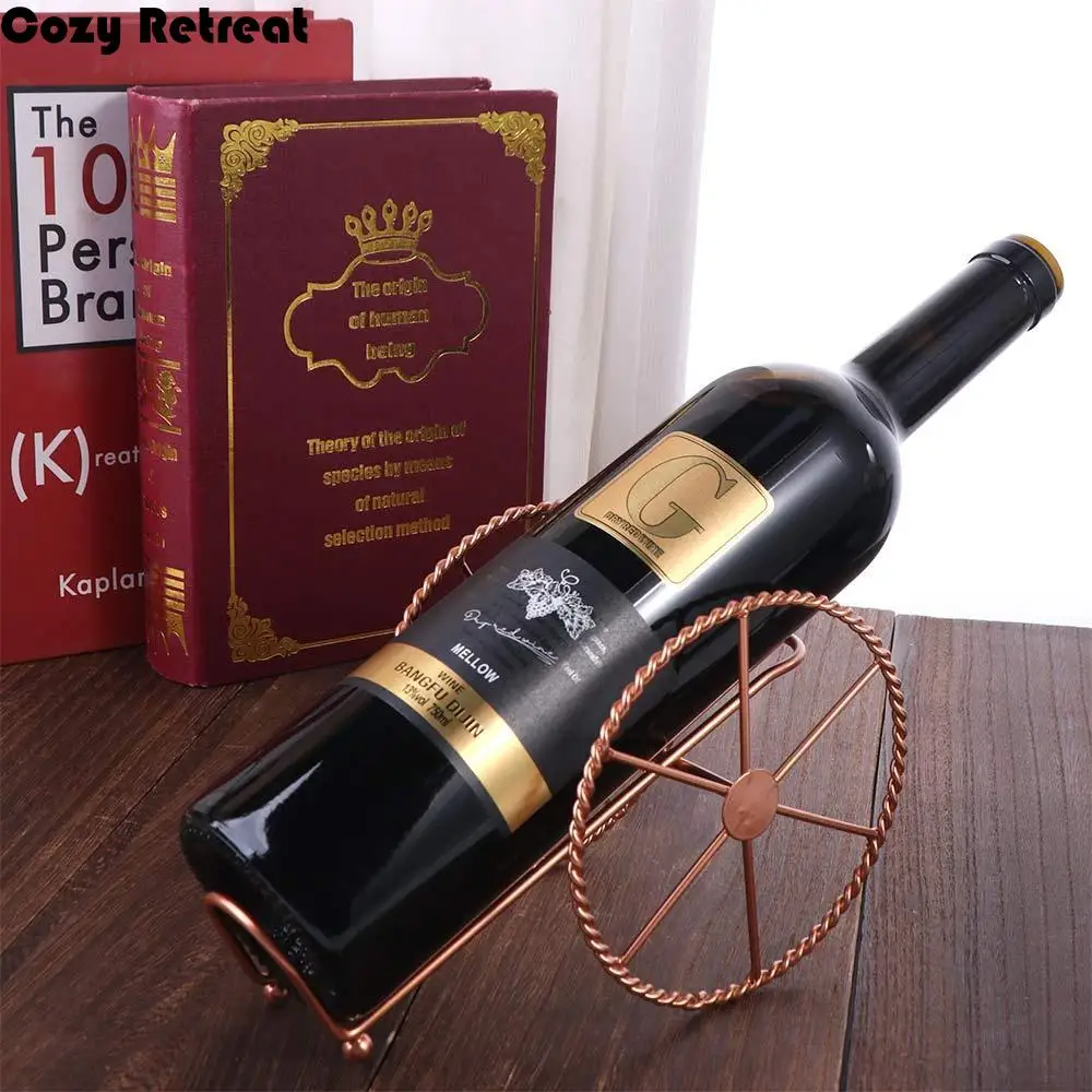 

Stylish Iron Wheels Design Wine Holder Rose Gold Decorative Red Wine Rack Electroplating Wine Display Rack Bar Decor