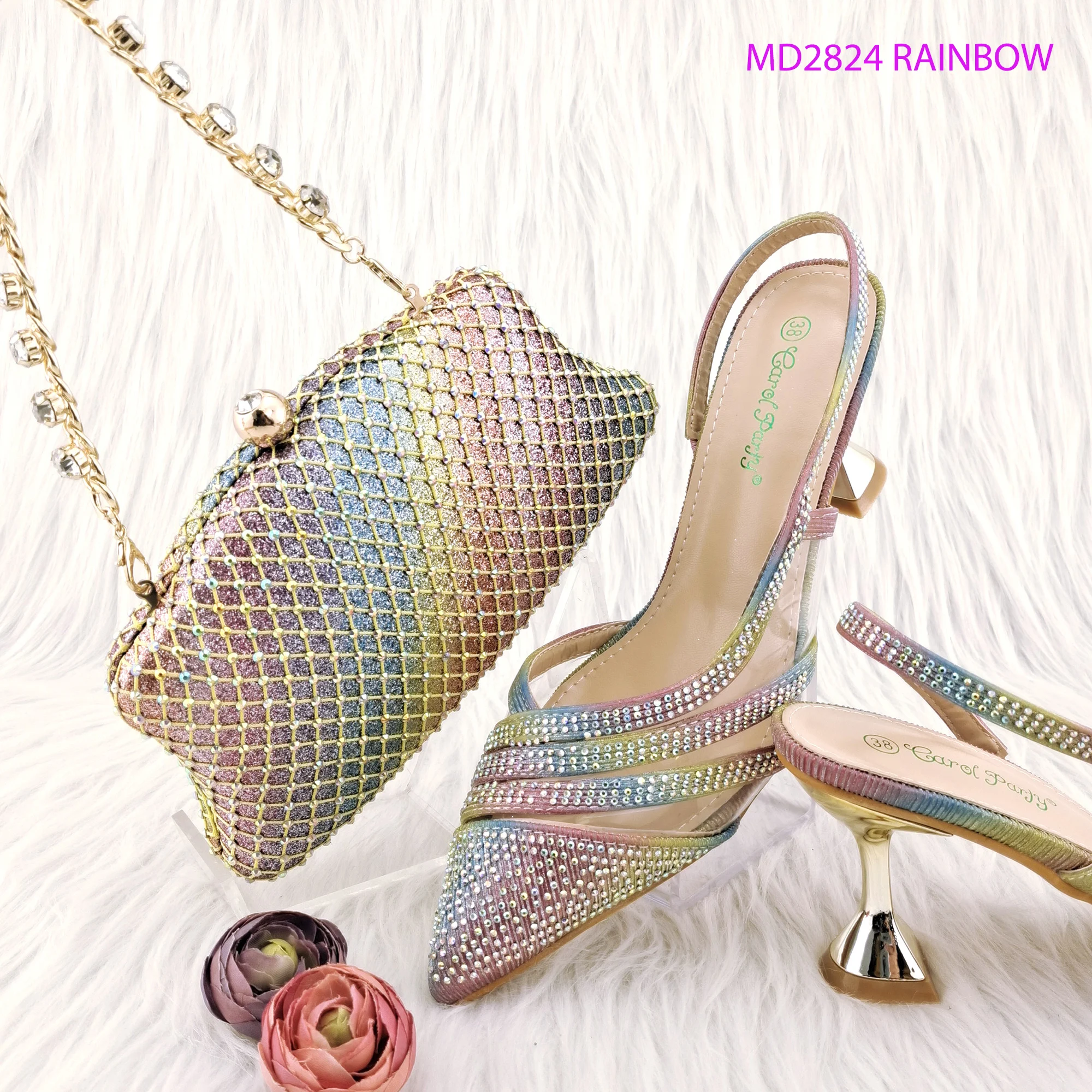 

PM New Arrival Rainbow Color Diamond Decoration Elegant and Simple Exquisite Party Wedding Women's Shoes and Bag Set