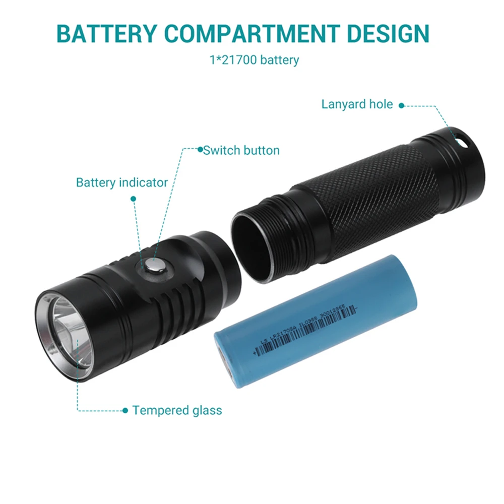 BORUiT S2 Super Bright 1000LM LED Scuba Diving Flashlight IPX8 Waterproof Dive Torch Underwater 60M Spearfishing 18650 Lantern