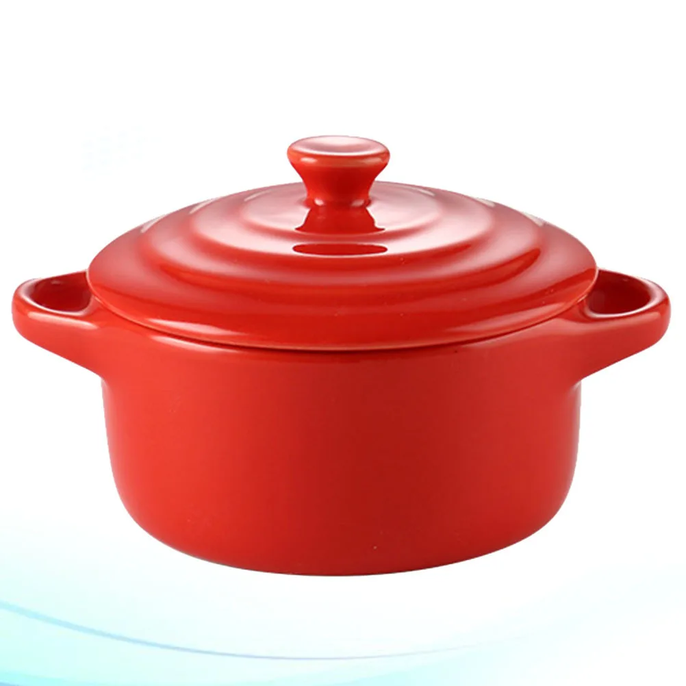 

1Pcs 230ml Ceramic Stew Bowl with Lid Double Handle Microwave Oven Compatible Red for Home Kitchen Double Handle Bowl