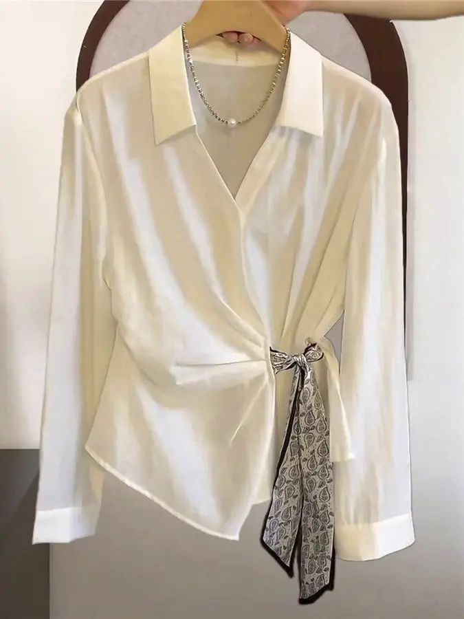 

Ele White Sa Waist irt Women's Faion Spring New Sle French Design Sensation Charming Top V-ne Long Sve