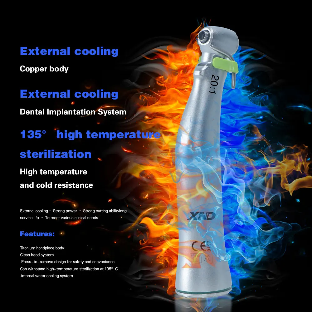 XND Dental 20:1 Reduction Speed Implant Surgery Contra Angle Handpiece with Fiber Optic E-type Connect Drill for Implant Motor