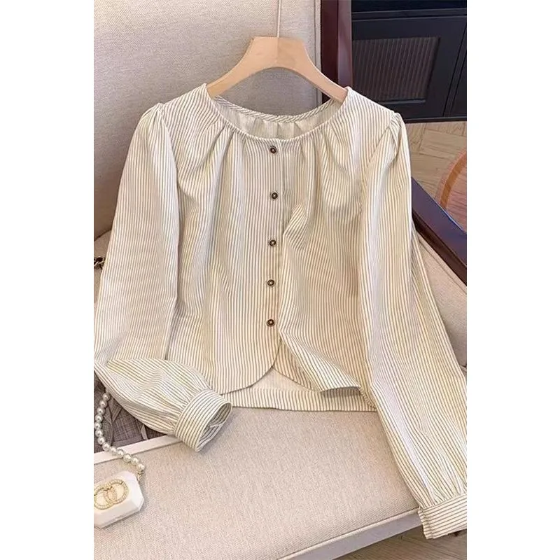 

Round Neck Striped Long-sleeved Shirt for Women New Spring and Autumn Fashionable Loose Versatile Top