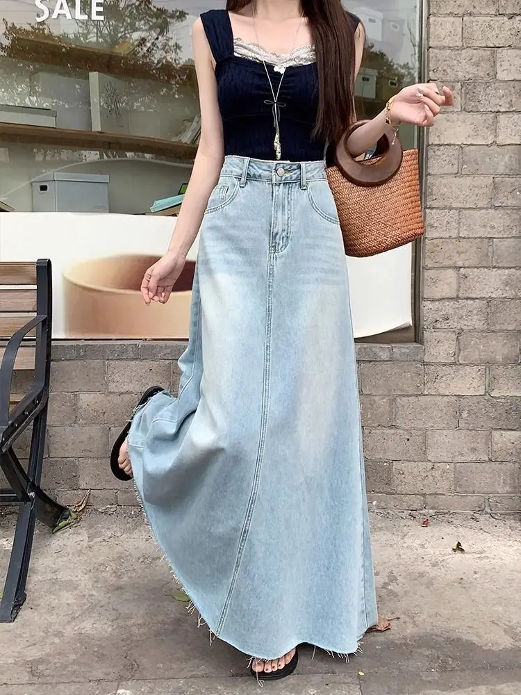 Qiukichonson Maxi Long Skirt Women Spring Summer Korean Casual High Waist Jean Skirt Ladies Tassel A-Line Ruffle Denim Skirt rok - view 3