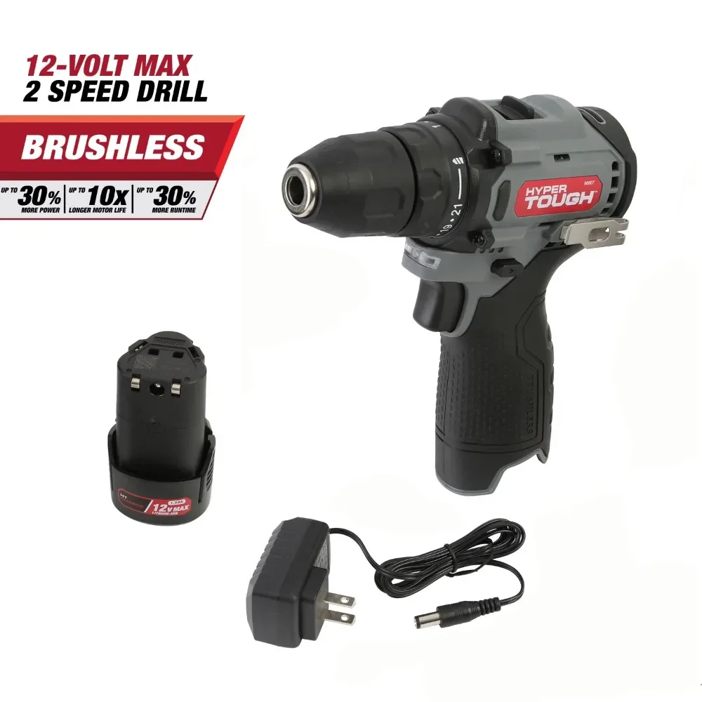 

Hyper Tough 12V Max* Lithium-Ion Brushless 2-Speed 3/8-inch Drill Driver with 1.5Ah Battery & Charger, Model 98807