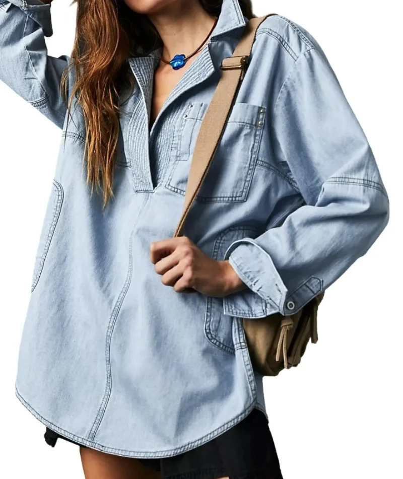

Fashionable and versatile long sleeved button V tie pocket casual slimming pullover jacket