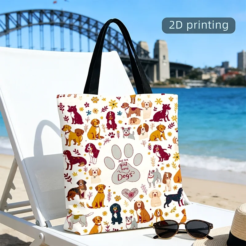 Cute Dog Paw Floral Canvas Tote Bag Various Dog Breeds Wildflower Full Print Reusable Ladies Large Shoulder Shopping Handbag