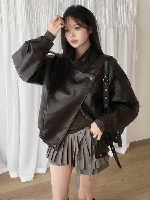 Black Retro Stand Collar PU Leather Jacket Women's Motorcycle Style Autumn New High-End Feel Coated Outerwear Top