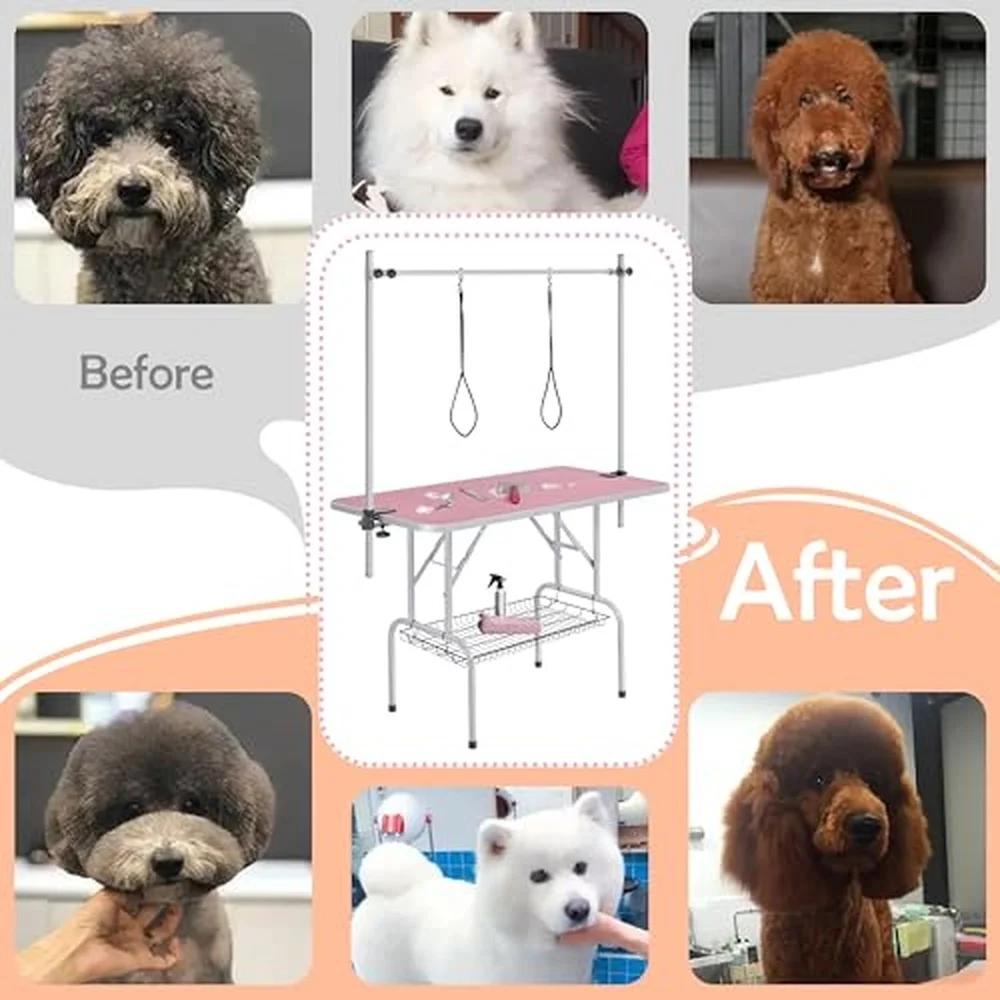 46'' Pet Grooming Table for Large Dogs Adjustable Height Portable Trimming Table Drying Table w/Arm/Noose/Mesh Tray