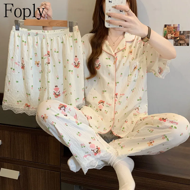 

Three-Piece Woman Pajama Set Floral Print Spring Summer Clouds Cotton Lace Edge Pyjama Short-Sleeved Pants Pijama Pjs Loungewear
