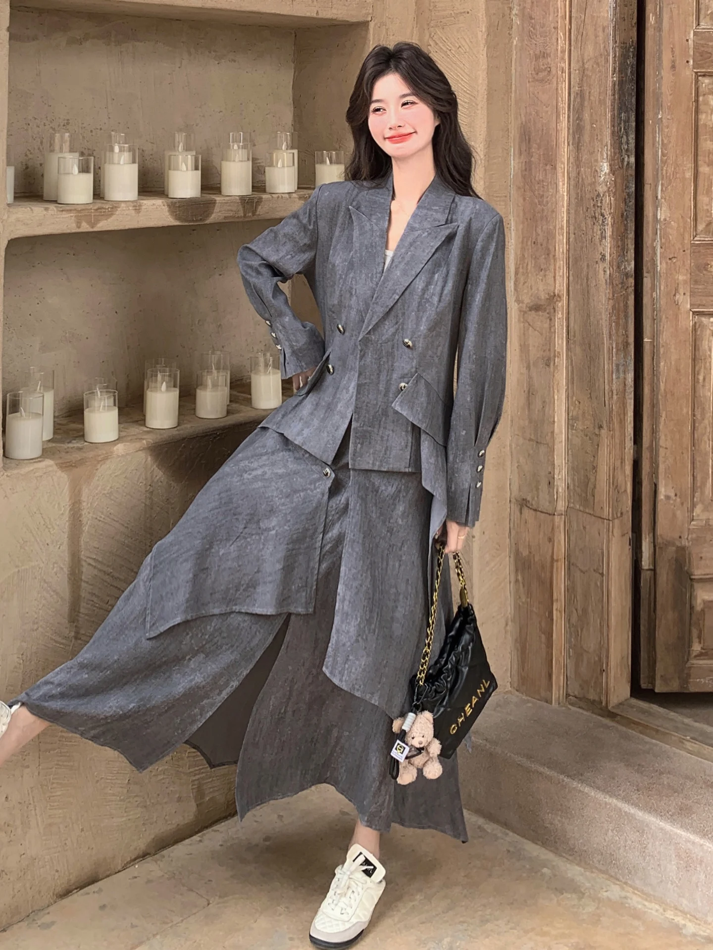 아이디언트 수트 세트 여성용 가을 2025 신상 고급스러운 느낌 비대칭 스커트 투피스 세트 캐주얼 슬레