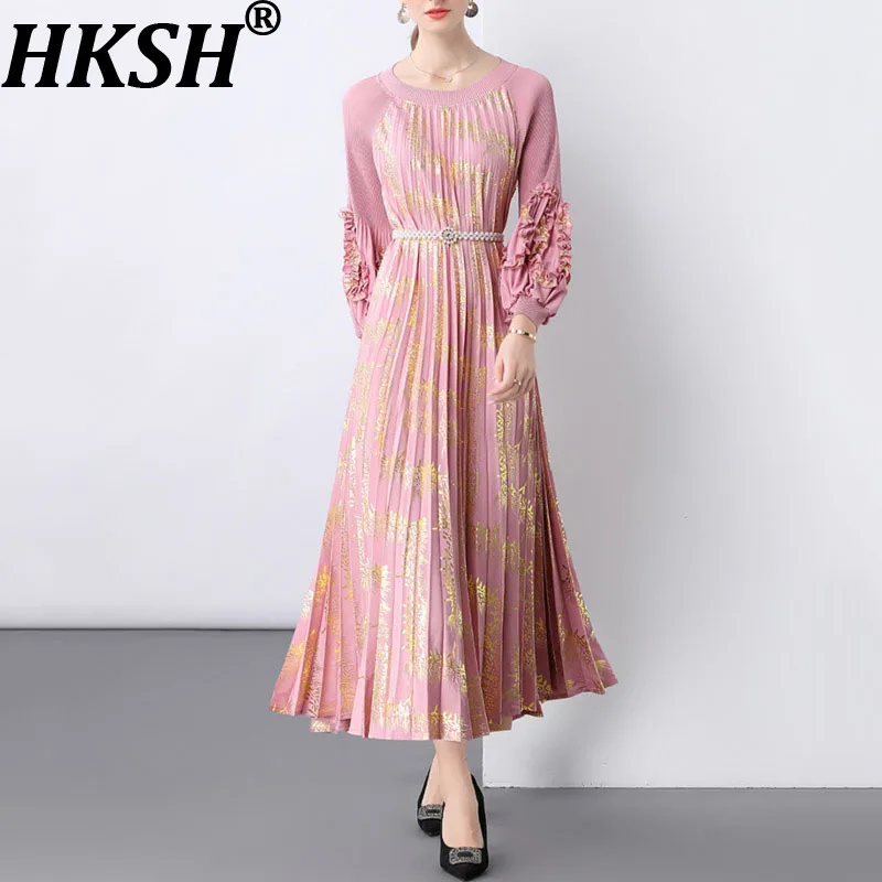 HKSH 秋の新女性ヨーロッパスタイルのハイストリートエレガントな気質ドレスイントレンドプリーツスプレーゴールド大きな裾のドレス HK8277