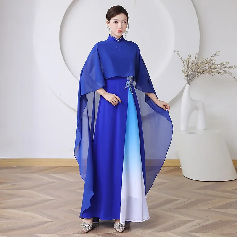

Flower Applique Women Qipao 2PCS Gradients Shawl Satin Cheongsam Suit Sexy High Split Banquet Party Dress Gown Grace Vestidos