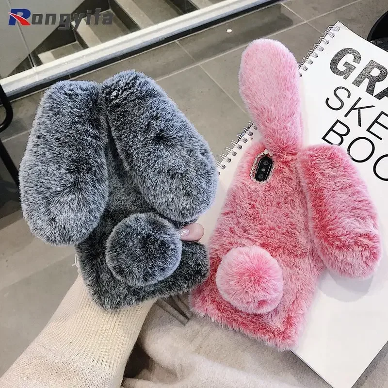 Plush Fur Rabbit Case For OPPO Reno 12 12F 11F A60 A17 A3 Pro A3 A78 A58 A18 A38 A79 Find X7 Ultra X6 Pro Warm Cute Fluffy Case