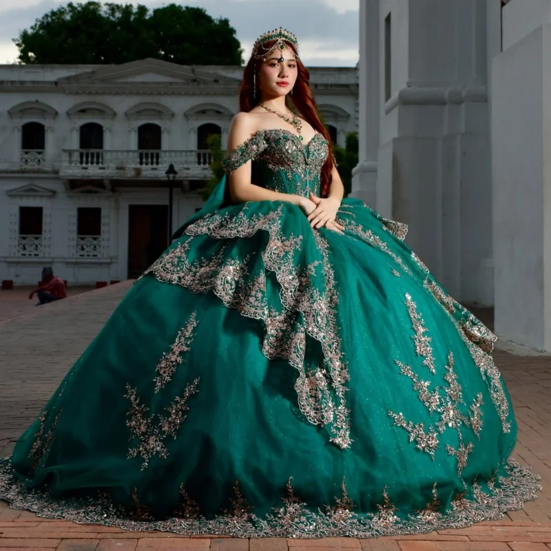 Dark Green Quinceanera Dress Glitter Crystal Decal Lace Layering Long tail off-shoulder Bow Vestidos De 15 Quinceanera ﻿Customiz