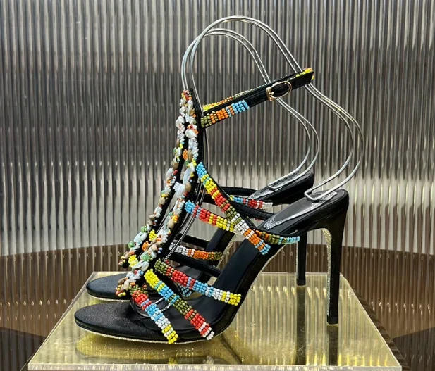 2026 New Colorful Shell Handmade Women Sandals Silver Sole Thin Heel Fashion Crystal Bling Bling High Heels Black Genuine Shoes