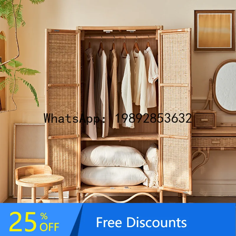 YFY Double Door Rattan Wardrobe Bedroom Home Large Capacity Storage Cabinet Japanese Style Homestay Hotel Breathable Wardrobe