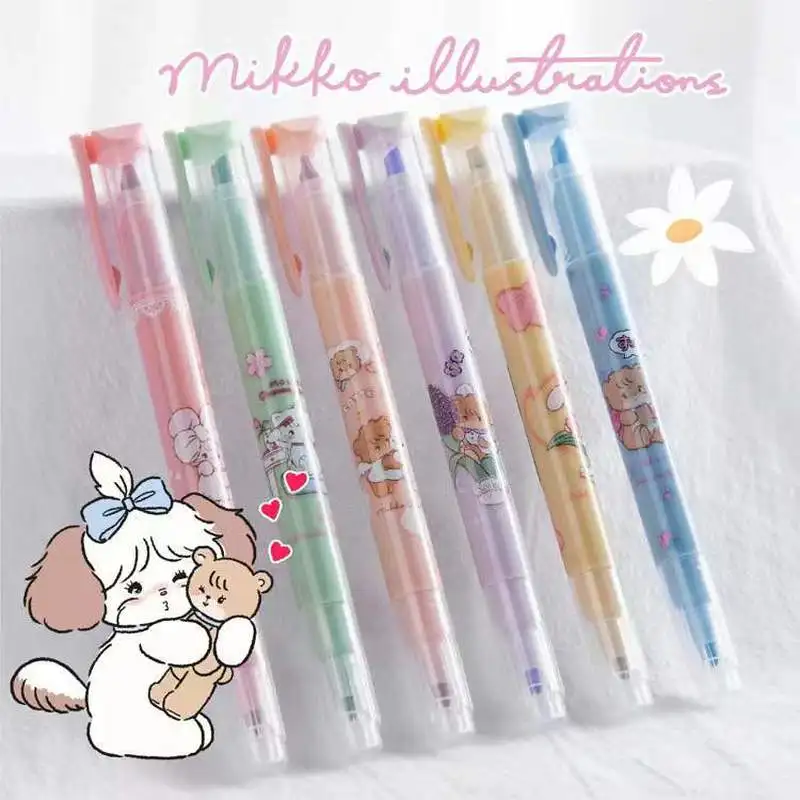 Imagem -04 - Conjunto Double-headed Highlighter Kawaii Papelaria Cor Marcador Escolar Material Estudante Marcador Textbook Highlighter Menina Presentes Peças