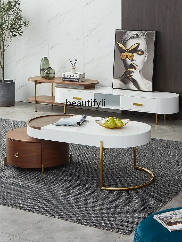 

zq Italian Coffee Table TV Cabinet Combination Small Apartment Living Room Modern Minimalist Paint round Tea Table