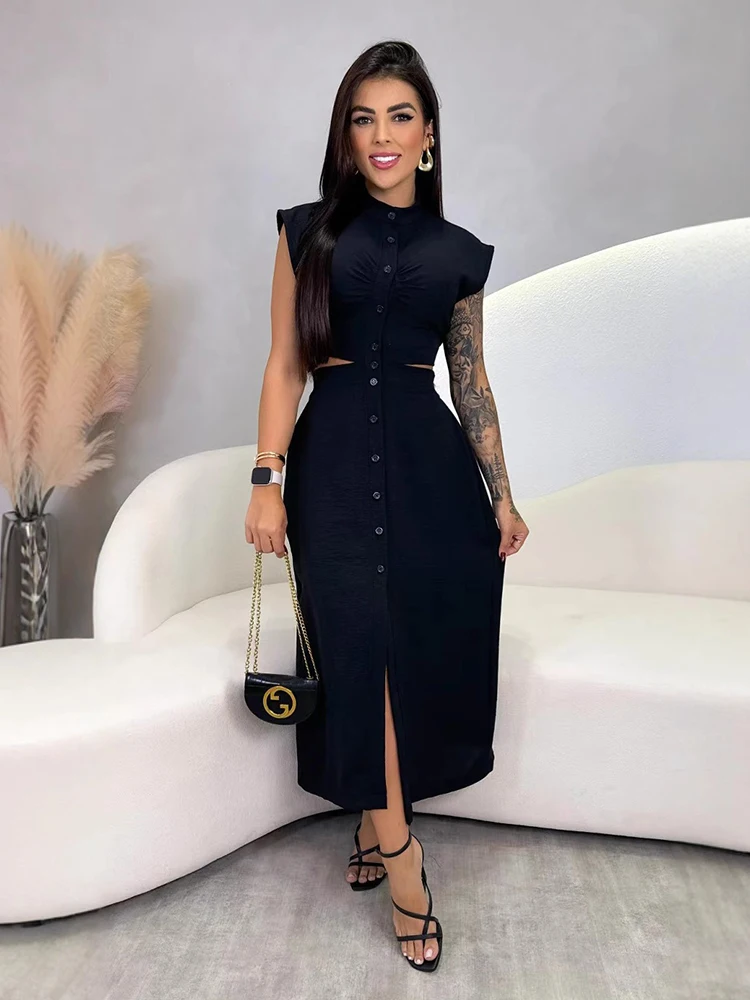 Vestido elegante de verano para mujer, vestido informal largo sin mangas con corte lateral en la cintura, botones de estilo dulce, vestido estilo Lolita