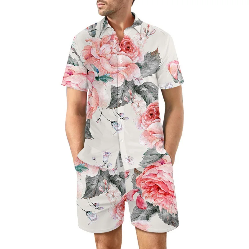 

Summer Men Shirt Sets 3D Print Flowers Pattern Short Sleeve Casual Shirt Oversized Beach Shorts Hawaiian Man Suits Clothing