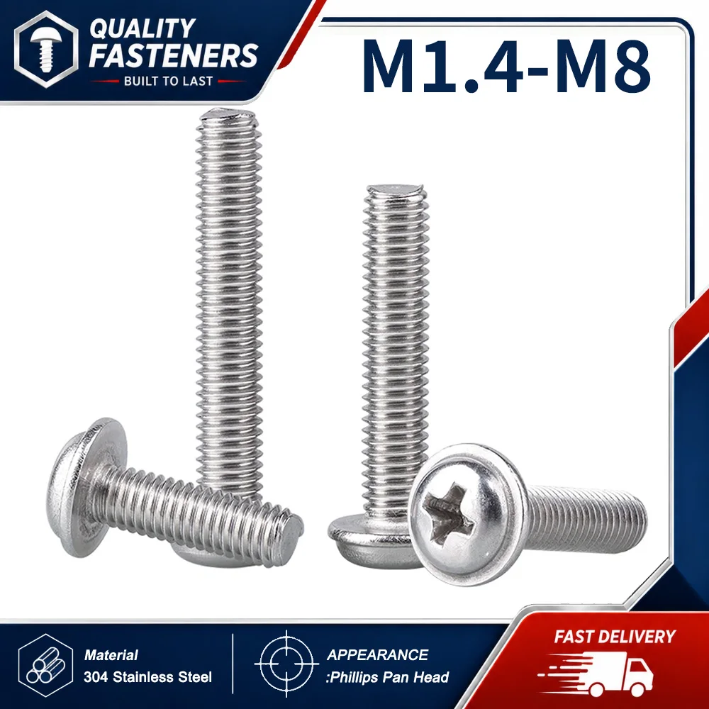 M1.4 M2 M3 M4 M5 M6 M8 304 Stainless Steel Round Head Phillips Screws with Washer Pan Head Machine Thread Computer Electronics