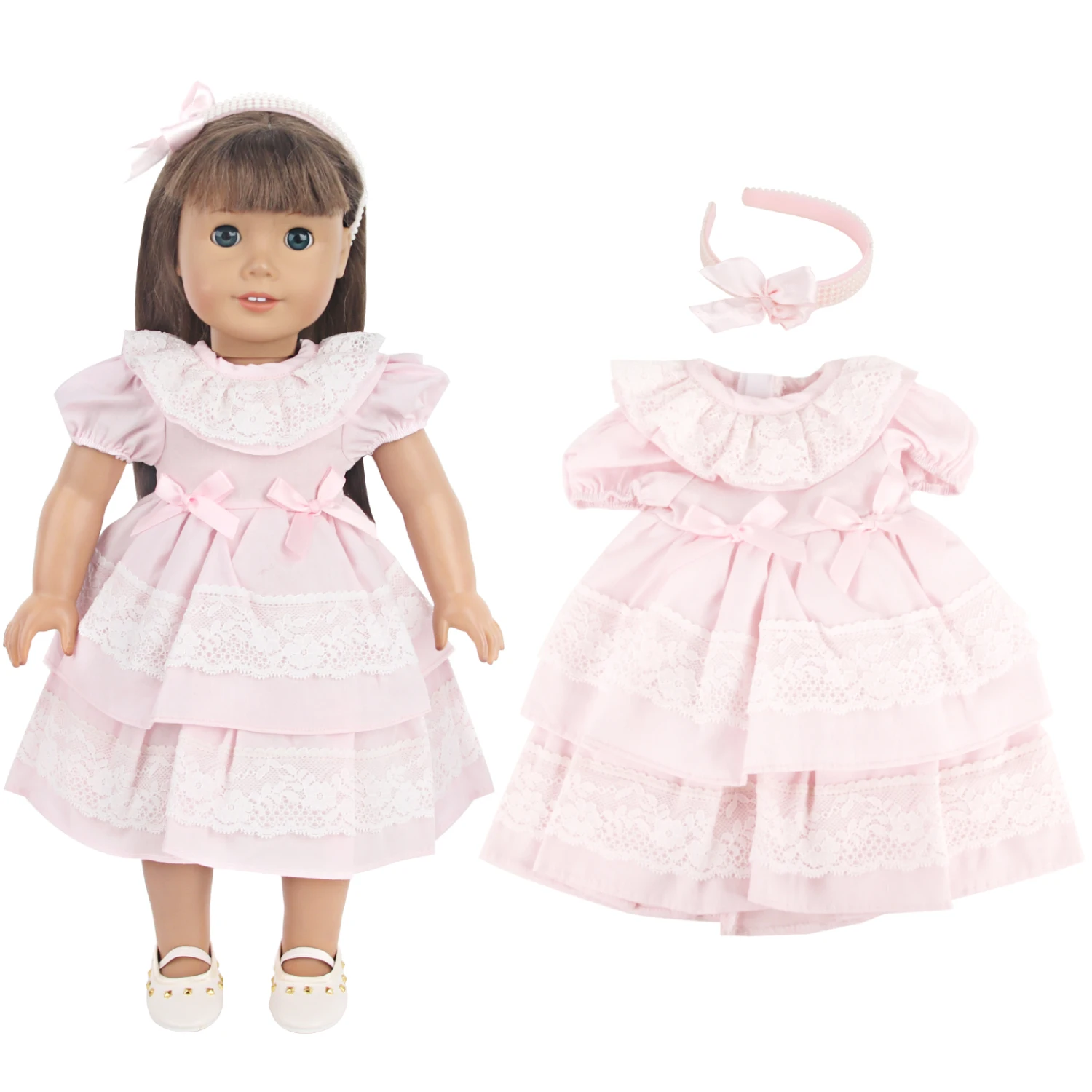 Vestido de muñeca de princesa de Color rosa para muñecas americanas de 18 pulgadas, falda de encaje y Diadema, lindo bebé de 43cm, nuevo, OG