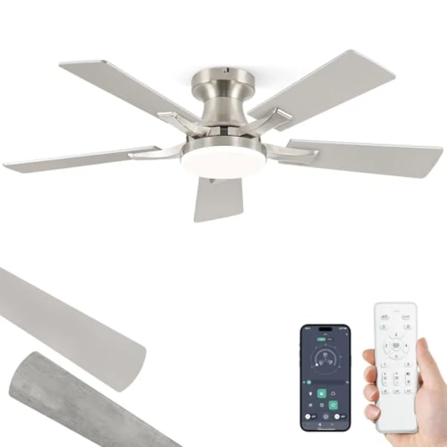 

42 Inch Ceiling Fan with Light AppRemote Control Flush Mount Low Profile Dimmable 20W LED Light Quiet Reversible Motor for Bedr